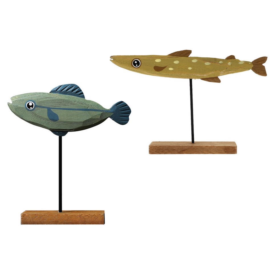 2 PCS Nautical Beach Statue House Accessories for Home Wooden Fish