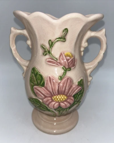 Hull Art Pottery Magnolia Pink Double Handled Vase Vintage 1940s H - 5 - 6 1/2”