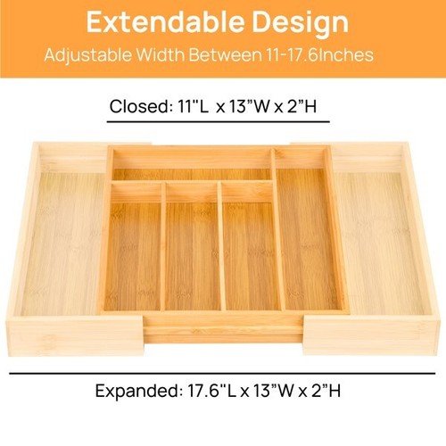 Bamboo Cutlery Silverware Flatware Utensil Tray Drawer Kitchen Organizer Storage - Picture 4 of 7