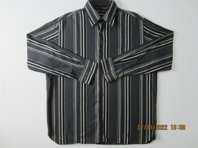 Perry Ellis Shirt Mens Large Black Beige Button Up Office Dress Casual Cotton