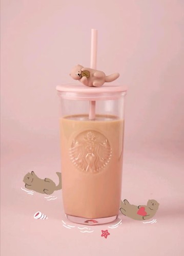Starbucks Serie Lontra Carino Base a Forma di Cuore Vetro Paglia Tazza Coppia Tazze - Foto 3 di 3