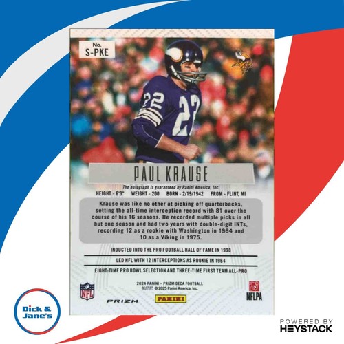 2024 Panini Prizm Deca Paul Krause Signatures Silver Auto Minnesota Vikings - Picture 2 of 10