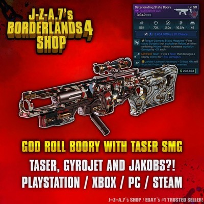 Borderlands 4  GOD ROLL BOORY TASER JAKOBS GYROJET BL4 SMG  PC-PS-XBOX 