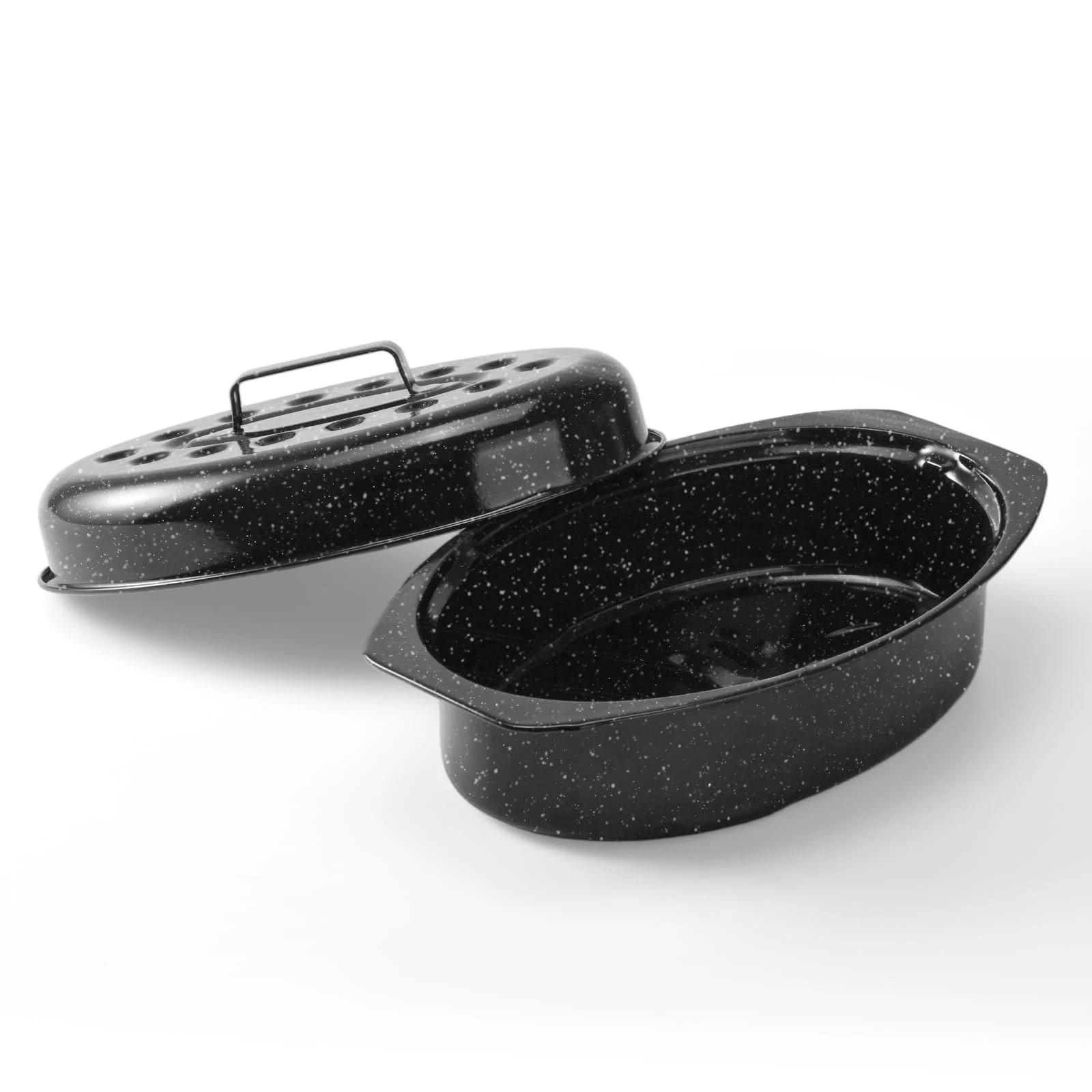 13" Roasting Pans for Ovens Porcelain Enameled Steel Oval Roaster Pan with Do...