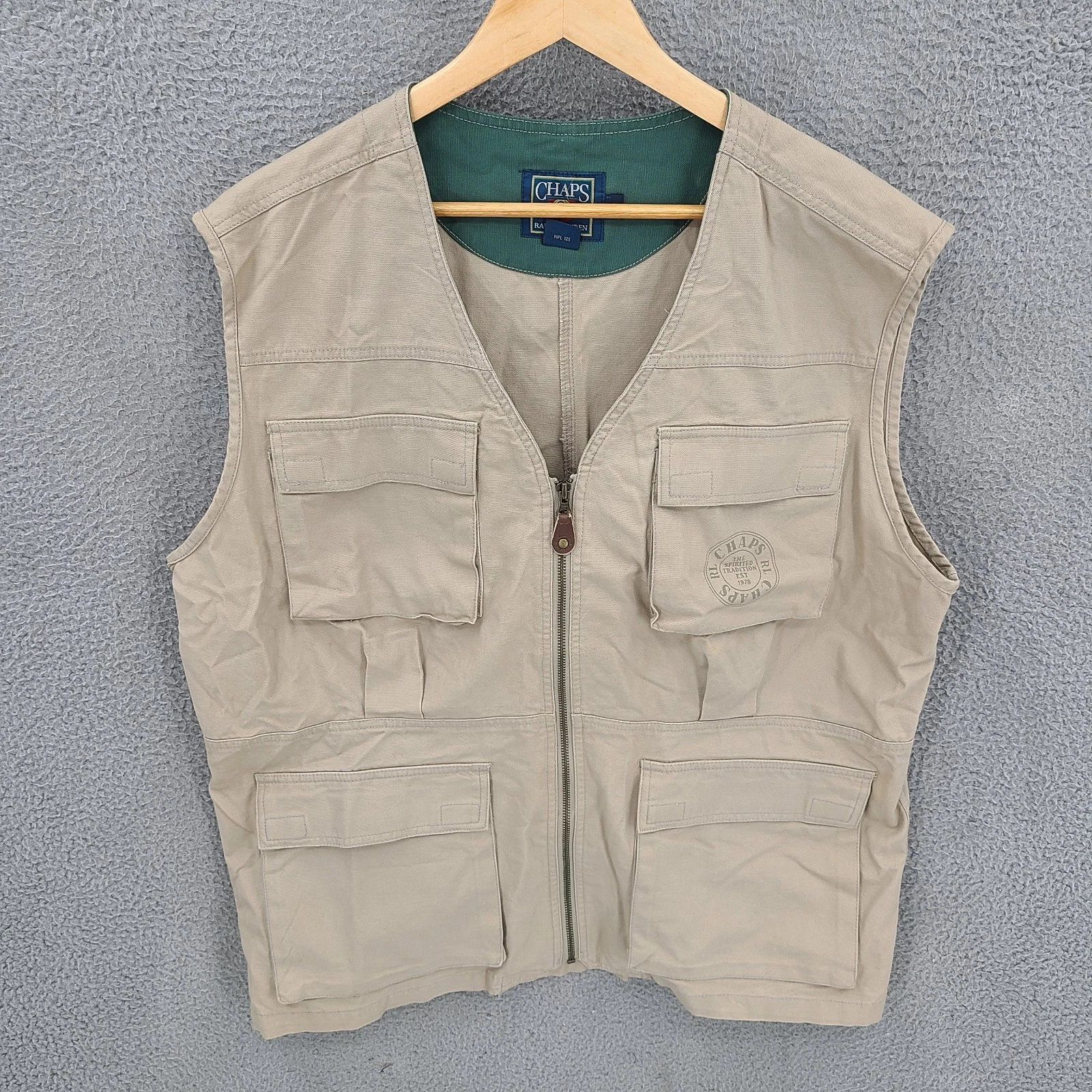Vintage Chaps Ralph Lauren Vest Mens Large Beige Hunting Fishing Utility 90s