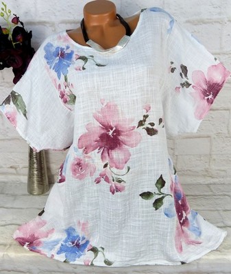 ITALY Shirt Tunika Bluse Top Oversize Baumwolle Gerade Blumen Weiß XXL 48 50 52