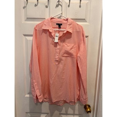 Gap Womens Boyfriend Fit Popover Shirt Coral Pink White Stripe Cotton Large NWT