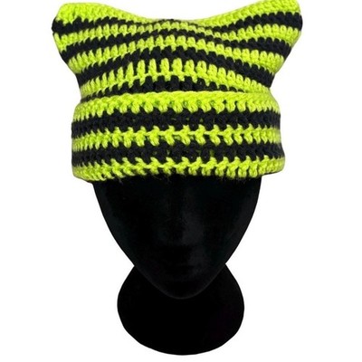 Bright Green & Black Cat Ear Beanie, Handmade Crochet, Adult Size, Trendy Hat
