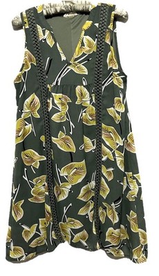 Entro Dress S Green Floral Lily Cottagecore Boho A-Line Lace Trim Hippy Sundress