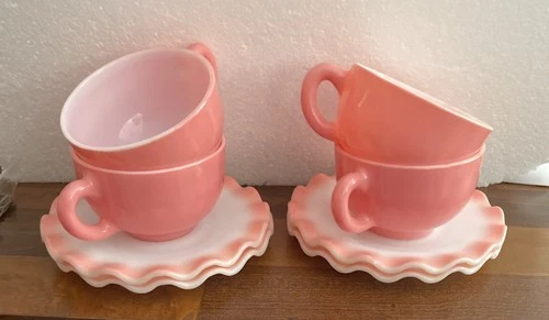 Set of 4 Vtg Hazel Atlas Milk Glass Pink Crinoline Rippled Teacup & Saucer CLEAN
