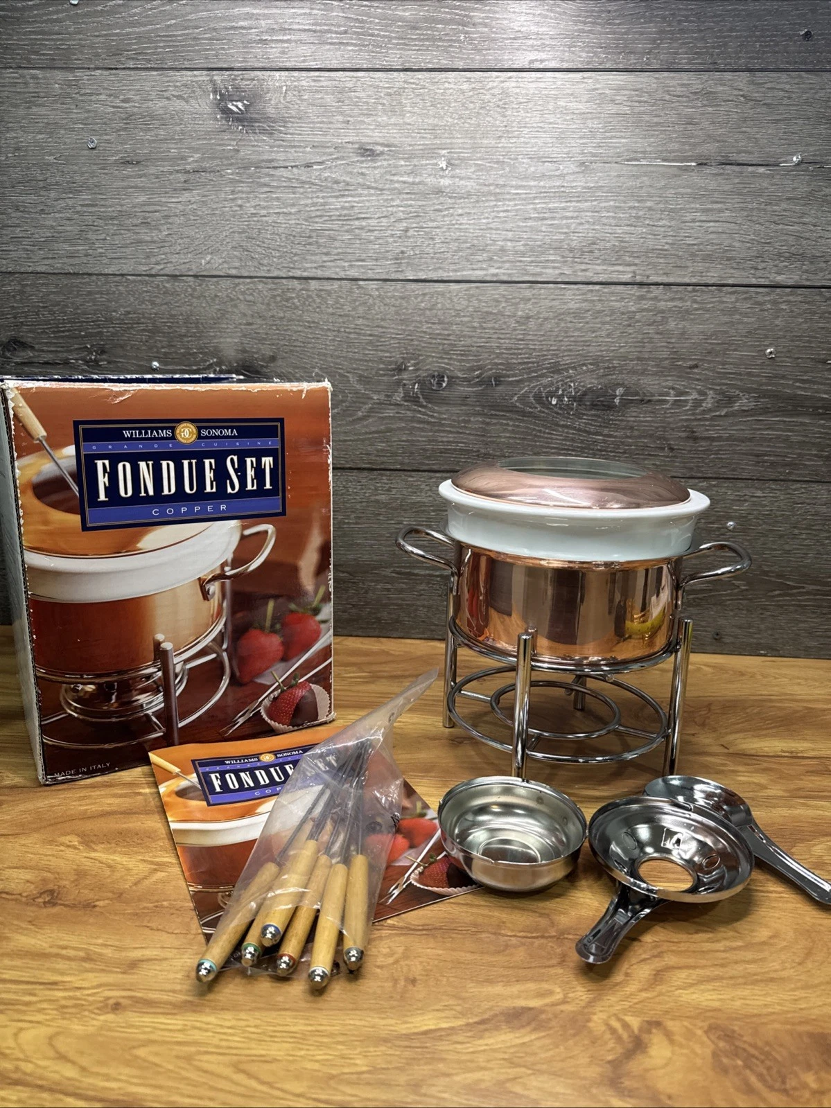 Williams Sonoma Ruffoni Fondue Pot Copper Porcelain Complete Set