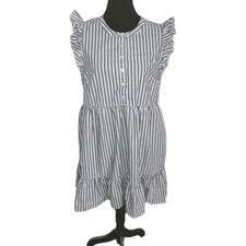 Old Navy Blue White Stripe Ruffle Sleeve Button Front Dress L Cottagecore