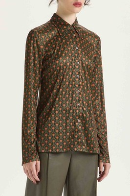 Maliparmi Magicoral FRIEZE PRINT JERSEY SHIRT Blouse Button Up Green Satin 44 M