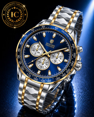 Montres Prestige Mens Watch Quartz Movement Blue White Dial Bezel Gold Trim Case
