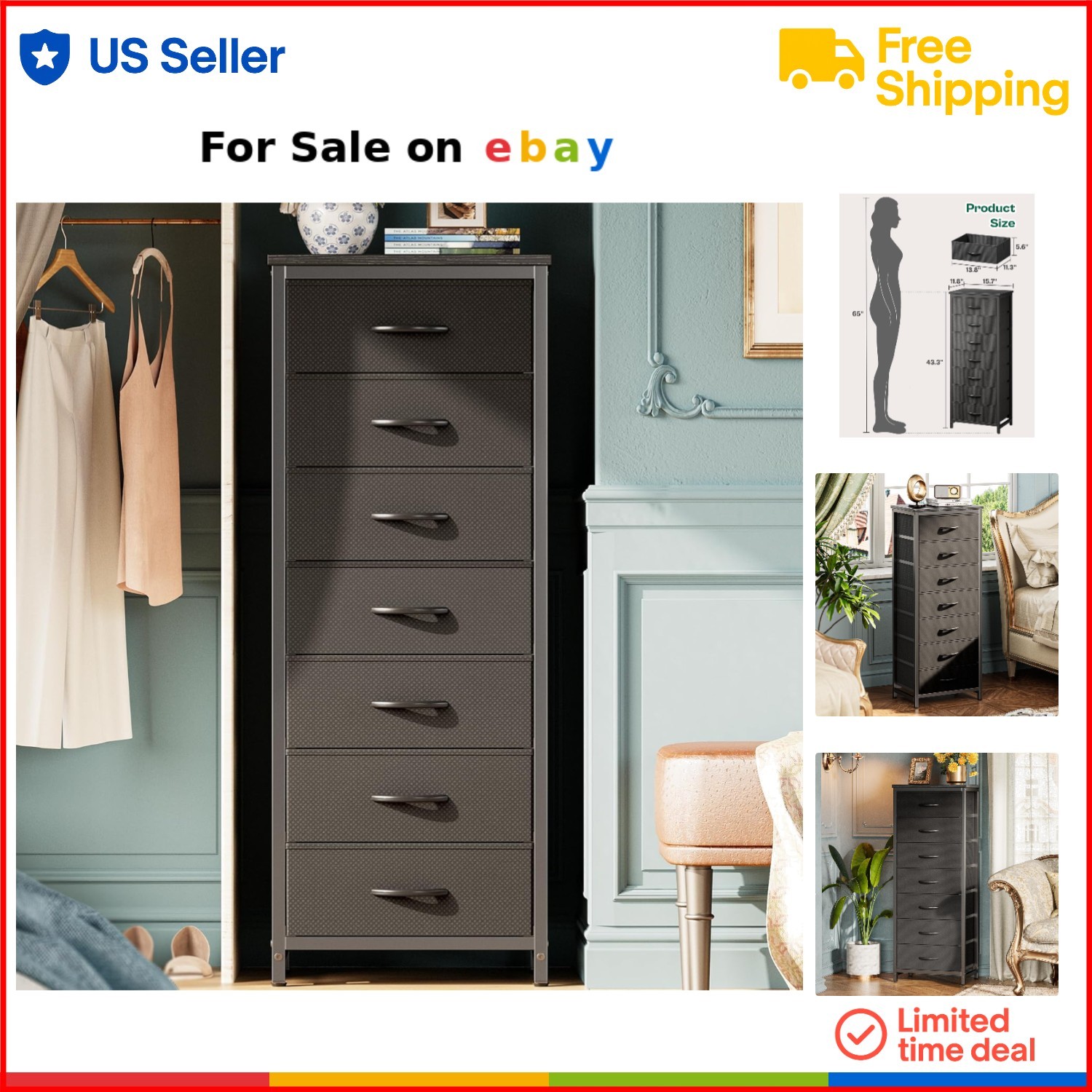 Tall Dresser for Bedroom 7 Drawer Fabric Storage Tower Modern Black