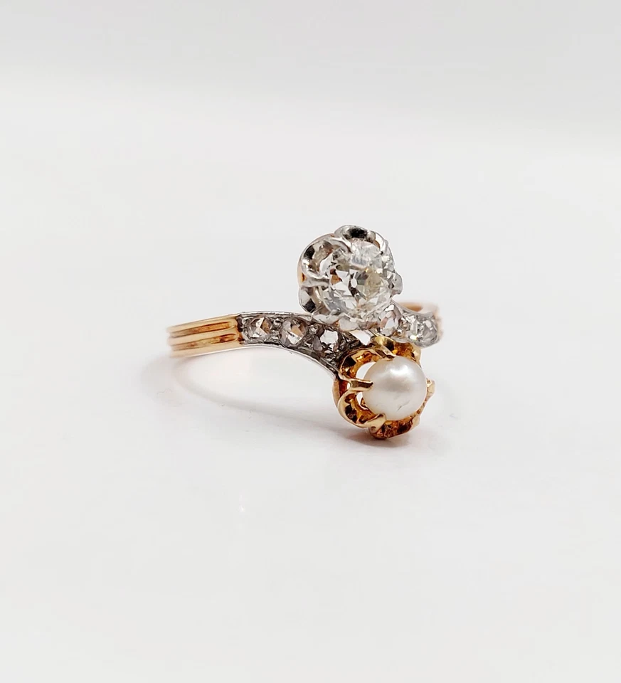 Anillo antiguo de oro rosa 18k diamante talla antigua y perla (alrededor de 1... - Imagen 3 de 4