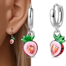 KUNSIR 925 Sterling Silver Strawberry Dangle Earrings Women Fruit Jewelry Gifts