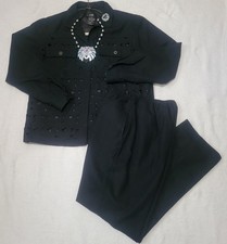 Vintage EVR Silk-Lined Black Jacket w/ Matching Pants Women's Size M Necklace