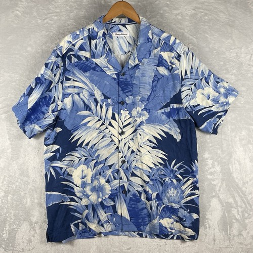 Tommy Bahama Camp Hemd Herren XL Blau Blumen Seide Kurzarm Hawaii Urlaub