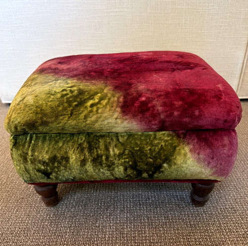 Antique Victorian Velvet Footstool Box Green Red Ombre Cushion Turned Wood Feet