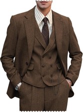 Mens 3Pcs Tweed Suit Retro Vintage Herringbone Formal Tuxedo Suit Blazer Pants