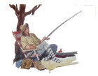 Gerald Spencer, artist 2 watercolor painting, Fisherman & verso 2 women sitting — photo 1