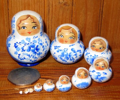 White Blue MINIATURE Matryoshka 10 tiny Russian nesting dolls signed  Marchenko UK