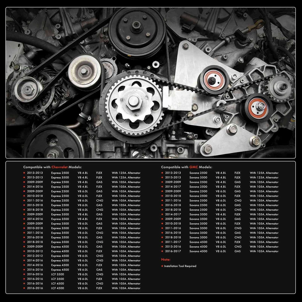 Kit de componentes de transmisión por correa serpentina de 4 piezas para Chevy Express 2500 GMC Savana 2500 Foto 2 de 4