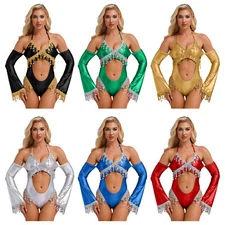 Women Bodysuit Tassel Jumpsuit Date Leotard Hollow Out Dancewear Halter Neck
