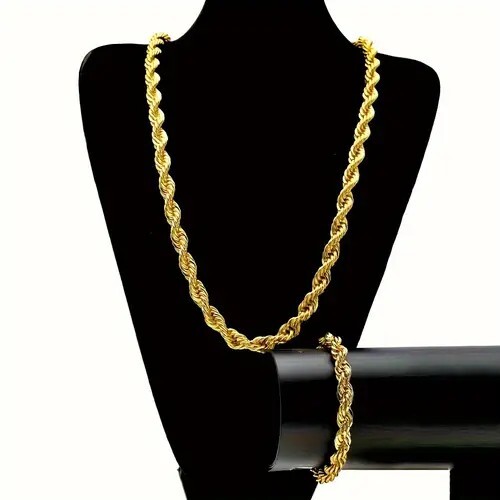 Hip Hop Gold Rope Chain Necklace, Stainless SteelTwist chain - Picture 3 of 3