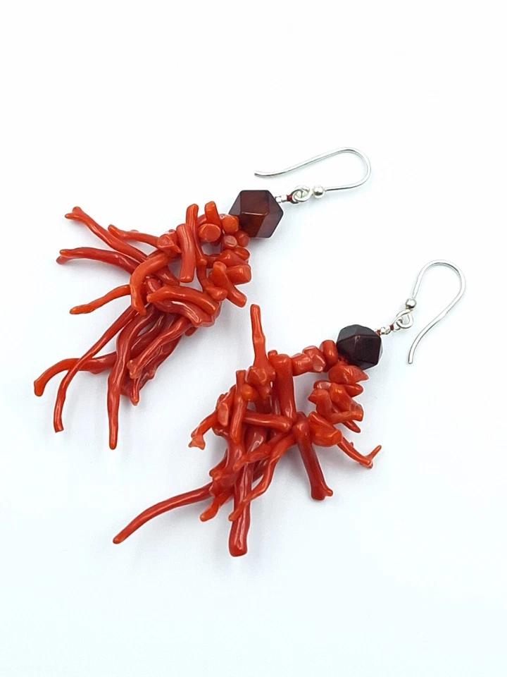 Orecchini Donna Vero Corallo Rosso Salmone Frange Pendenti Argento 925 Ambra - Immagine 3 di 4
