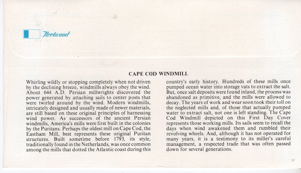 USPS FDC Fleetwood #1740 – 1980 15c Windmills Massachusetts ST3110 - Image 2 of 2