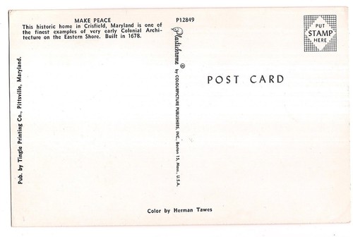 Make Peace Historic Home Colonial Architecture CRISFIELD Maryland MD Postcard - Picture 2 of 2