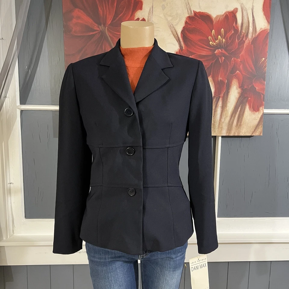 Blazer para mujer Lois Snyder Dani Max talla 8 pequeño poliéster elástico azul marino oscuro Foto 2 de 4