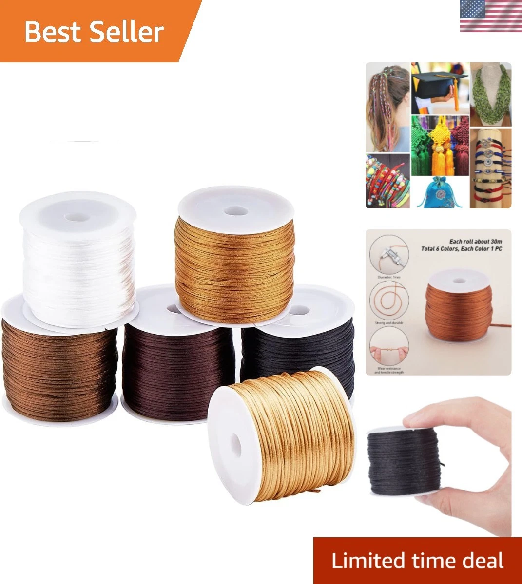 192 Yards Satin Rattail Cord Nylon String Cord Silk Cord Chinese 1mm 6 Colors