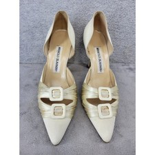 Manolo Blahnik Platino Ivory Satin D'Orsay Buckle Pumps Heels 6 - Stained
