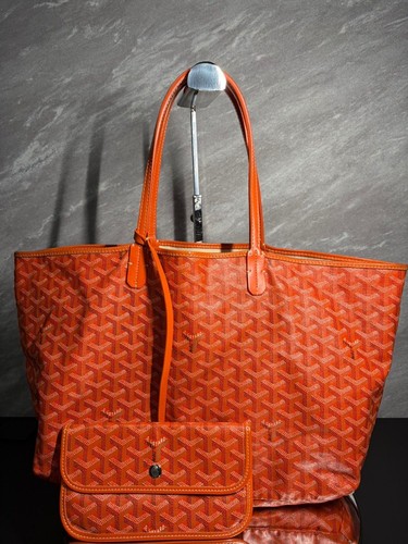 GOYARD Saint Louis PM Tote Bag Orange PVC Canvas Leather w/ Pouch