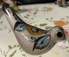 Vintage Tonala Mexico Pottery Folk Art Bird Floral Design Handpainted 2 1/4 x 4"