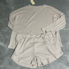 Ekouaer Waffle Knit Pajamas Womens XXL Beige Lounge Set Cozy Shorts Long Sleeve