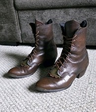 VTG Chestnut Packer Brown Leather Kiltie Granny Boots Etched Brass Women's 6.5