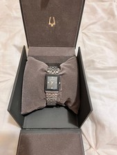 Bulova Women s Silver Tone Rectangular Watch Black Dial Crystal Accents NEW Neve