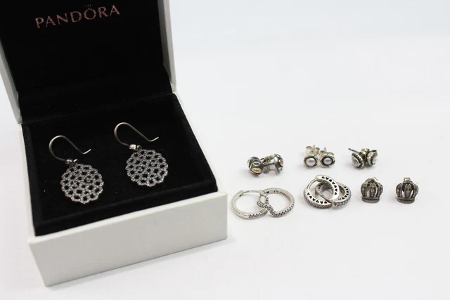 16 Pandora Sterling Silver Earrings Drops Hoops Stone Set Studs Pearl x 7 (17g)