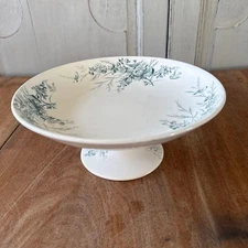 French Antique Creil Montereau Linotte Green Compote 23cm Used