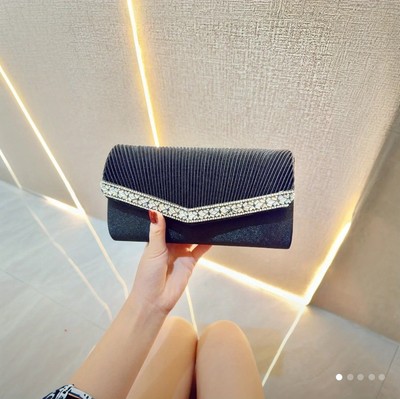 Black Pleated Evening Clutch Rhinestone Trim Envelope Style Formal Handbag