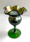 Vintage Green Carnival Compote Round Center Ruffle Top Very Nice Glass Vase 6”