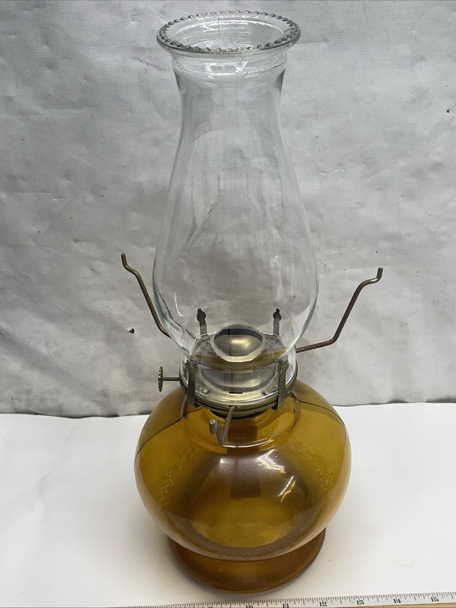 Vintage Amber Milk Glass Oil Lamp Cross Stitch Daisies Transfer