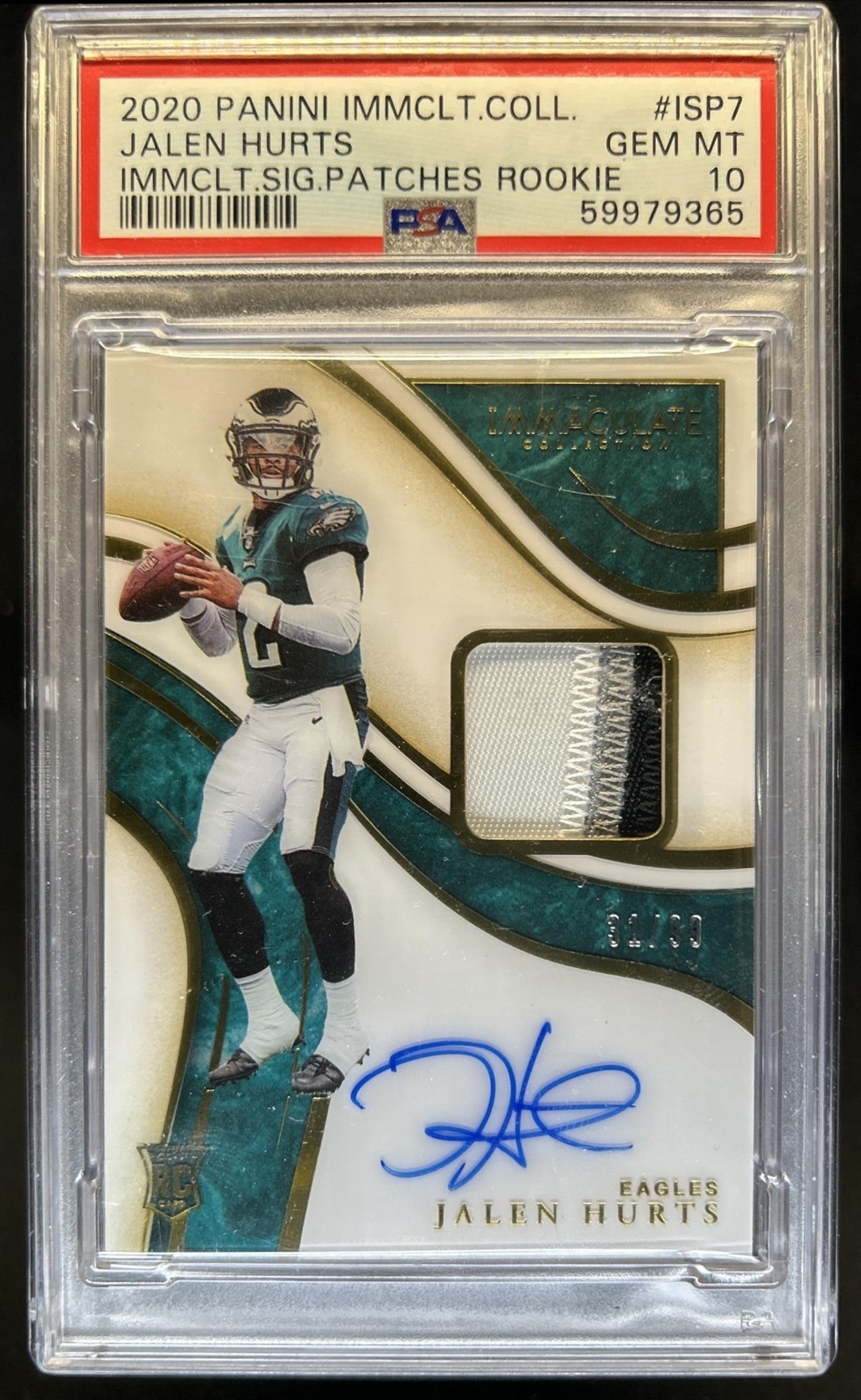 2020 Immaculate Jalen Hurts Signature Patches Rookie Auto RC #/99 PSA 10