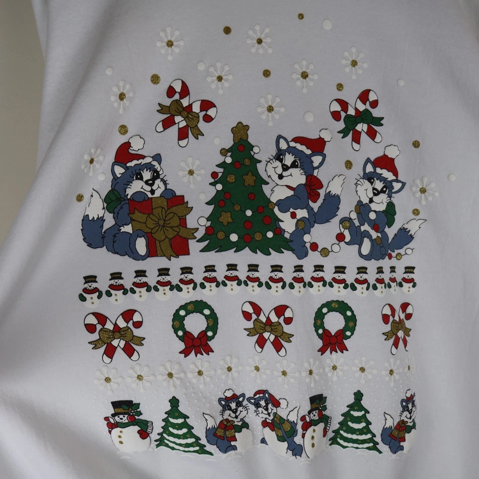 Sudadera Vintage Navidad Gatitos Cuello Redondo Blanca 2XL 27x29 Foto 2 de 4
