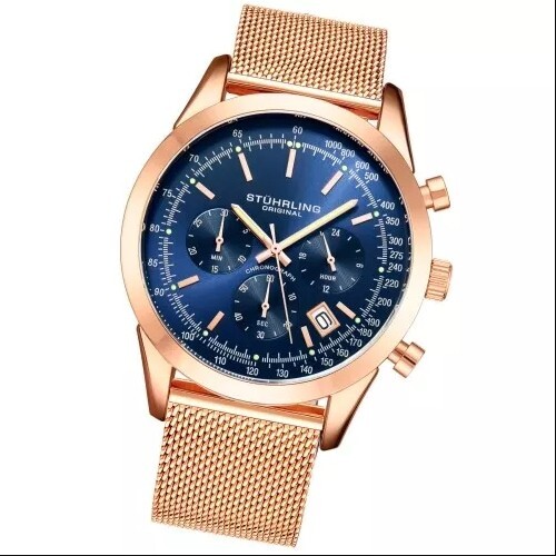Reloj Stuhrling 3975 8 Preston para hombre tono oro rosa cronógrafo correa de malla - NUEVO - Imagen 4 de 4