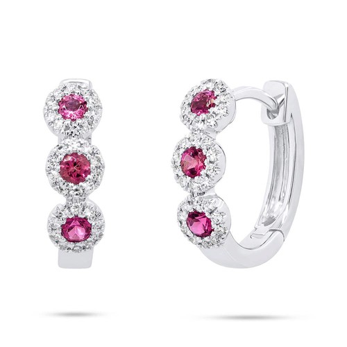 Rosa Tormalina Diamante Stretto Orecchini a Cerchio 14K Oro Bianco Naturale